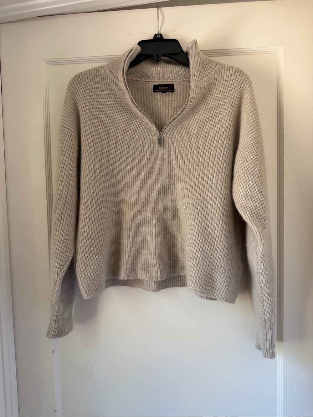 Quince Cream Half-Zip Ribbed Turtleneck Sweater